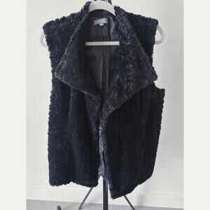 Cassin New York Black Faux Fur Open Front Vest Large Shawl Collar Sleeveless